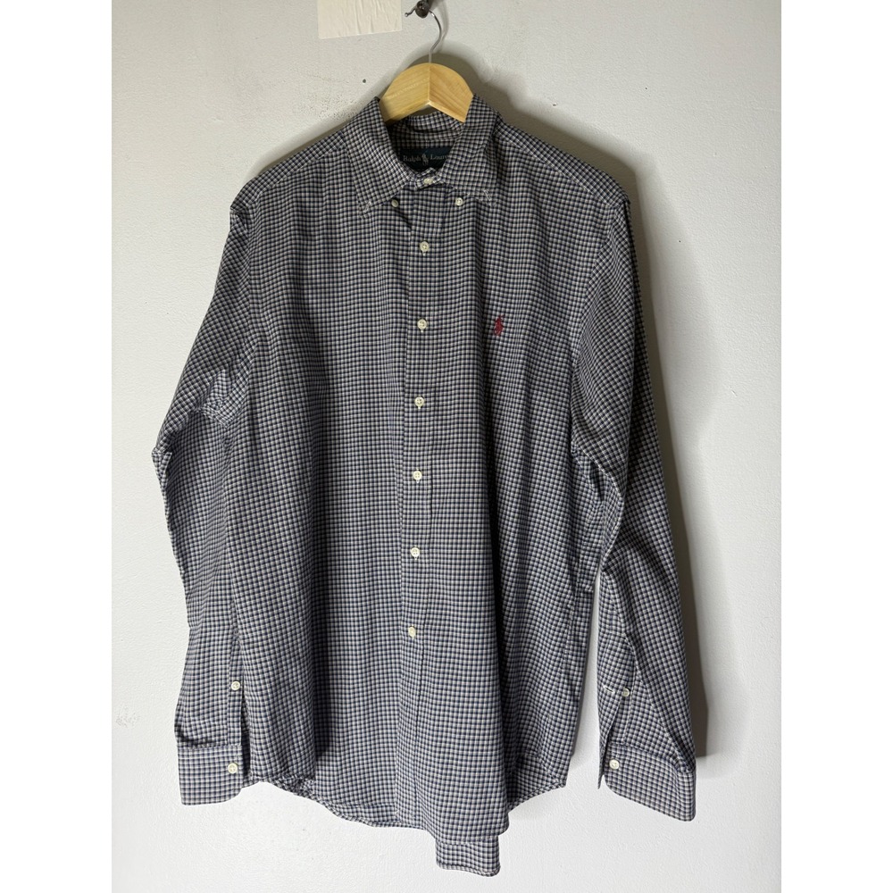 Ralph Lauren navy maroon plaid collar cotton long sleeve classic fit button L